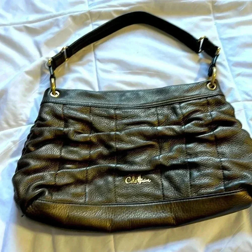 Cole Haan Bronze Brown Soft Pebbled Leather Ruched Shoulder Purse